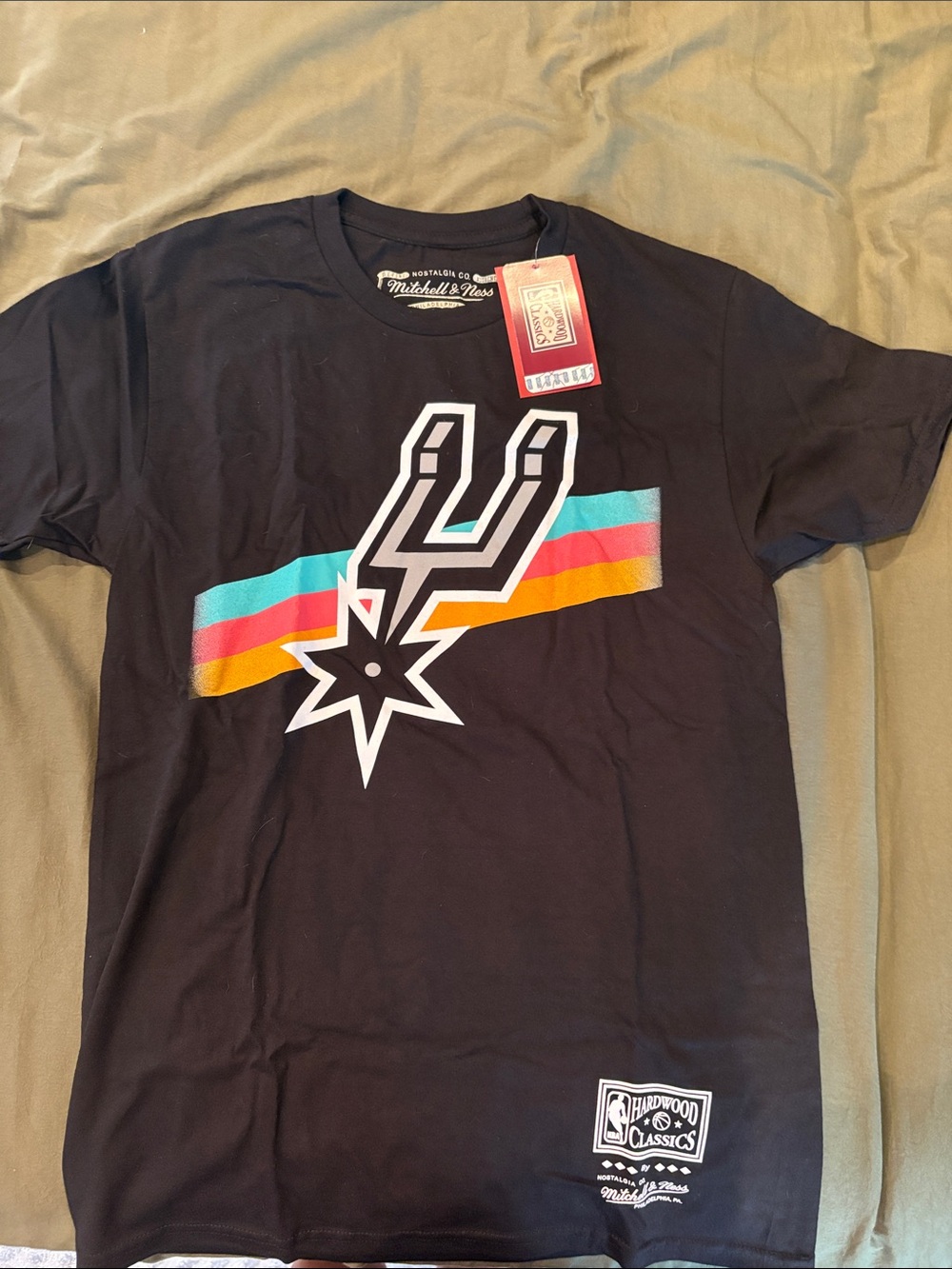 Mitchell & Ness Black San Antonio Spurs Logo Tee with Retro Stripes